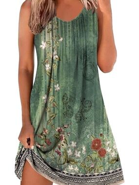 Green Floral Sleeveless Swing Dress